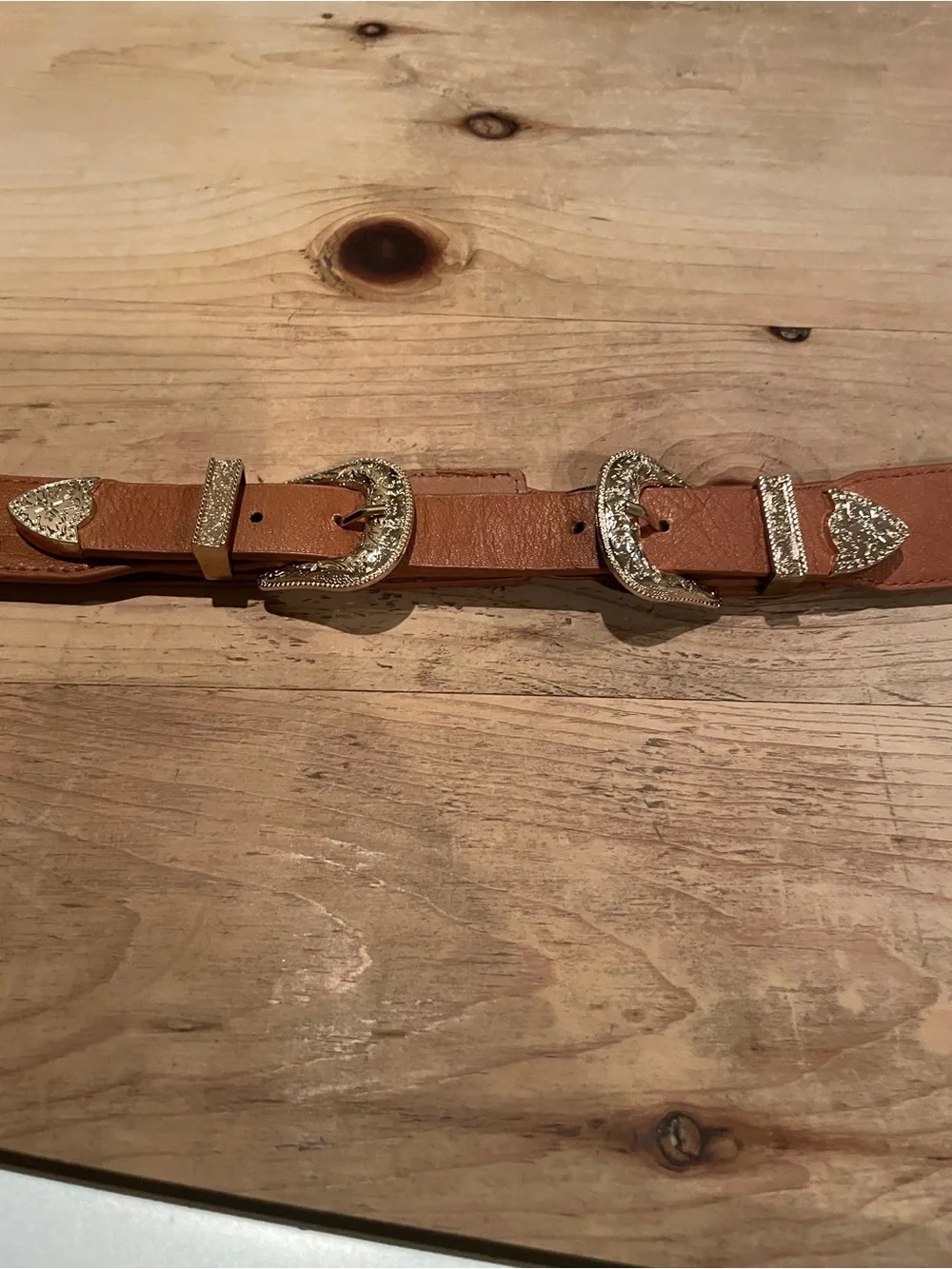 Brown Gold Embossed Double Buckle Belt equestrian Western Rodeo M L